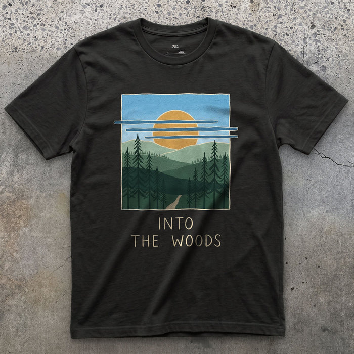 Into the Woods With Sun and a Bird design on a Black Gildan Softstyle t-shirt