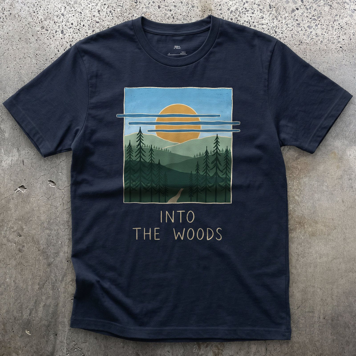 Into the Woods With Sun and a Bird design on a Navy Gildan Softstyle t-shirt
