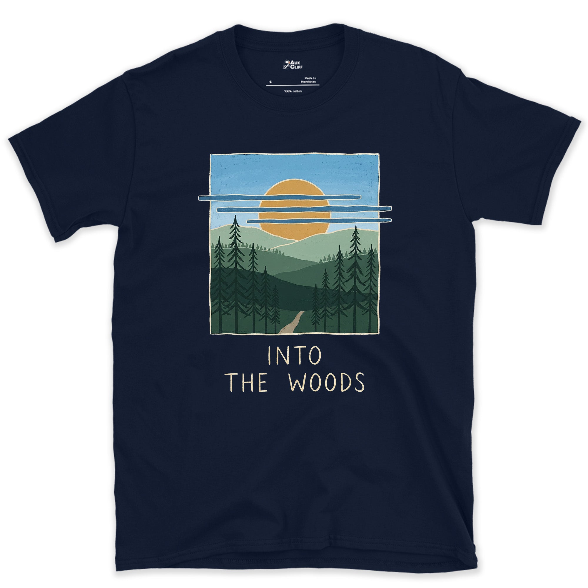 Into the Woods With Sun and a Bird design on a Navy Gildan Softstyle t-shirt