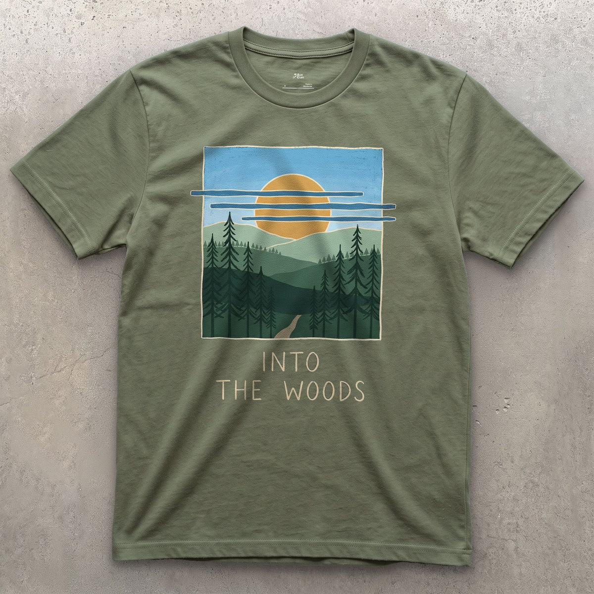 Into the Woods With Sun and a Bird design on a Military Green Gildan Softstyle t-shirt
