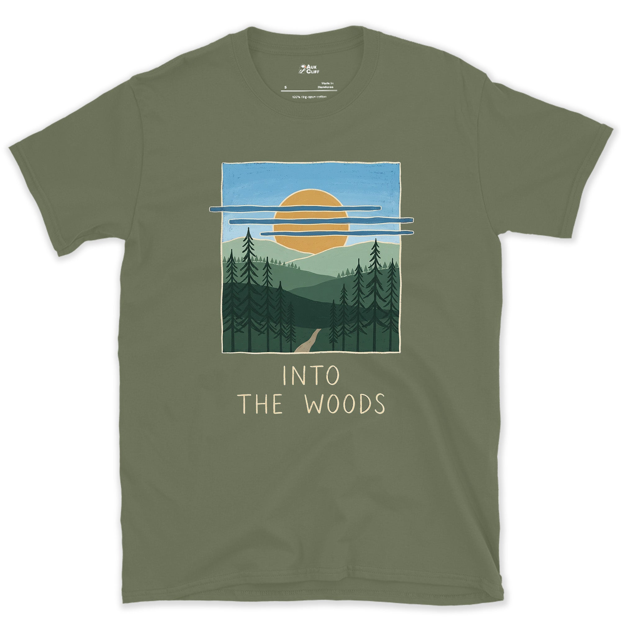 Into the Woods With Sun and a Bird design on a Military Green Gildan Softstyle t-shirt