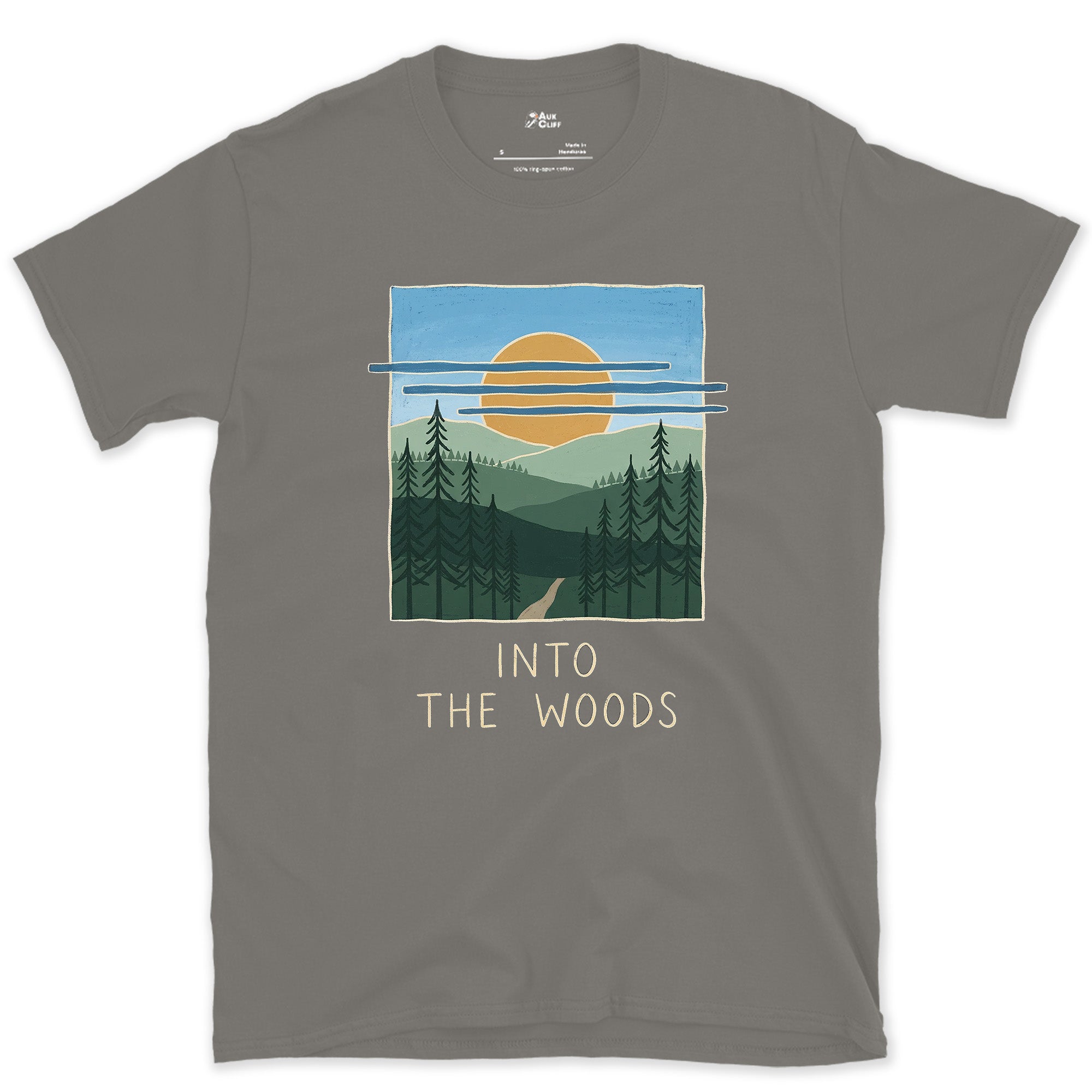 Into the Woods With Sun and a Bird design on a Charcoal Gildan Softstyle t-shirt