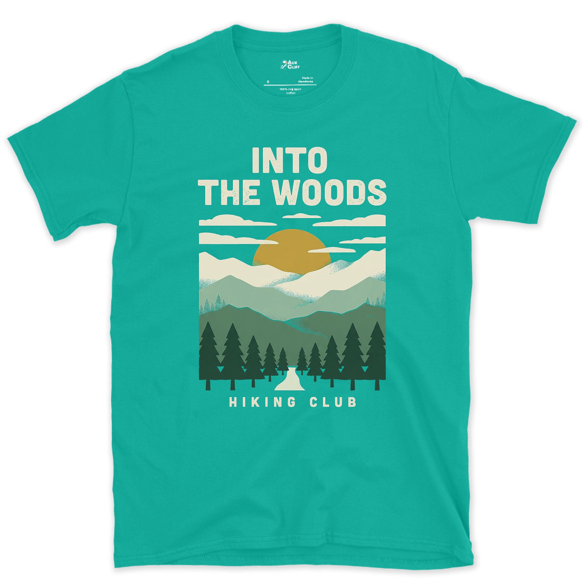 Into the Woods, Hiking Club design on a Jade Dome Gildan Softstyle t-shirt