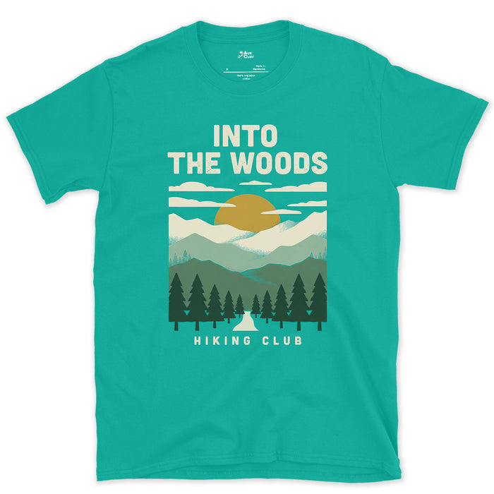 Into the Woods, Hiking Club design on a Jade Dome Gildan Softstyle t-shirt