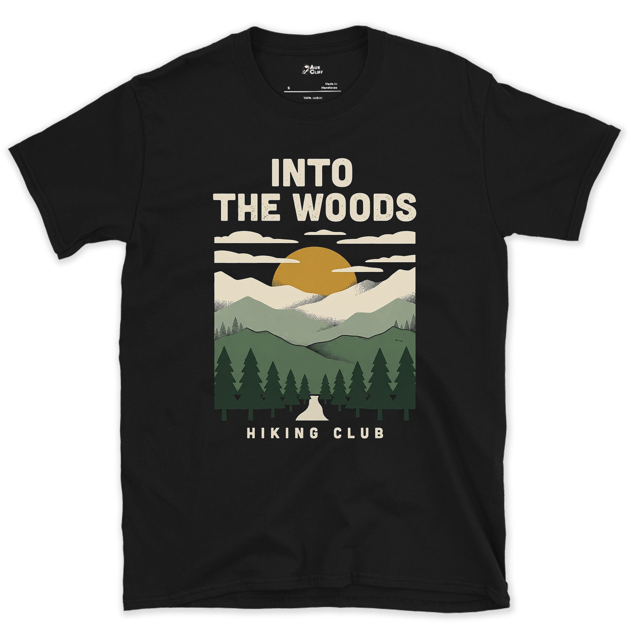 Into the Woods, Hiking Club design on a Black Gildan Softstyle t-shirt