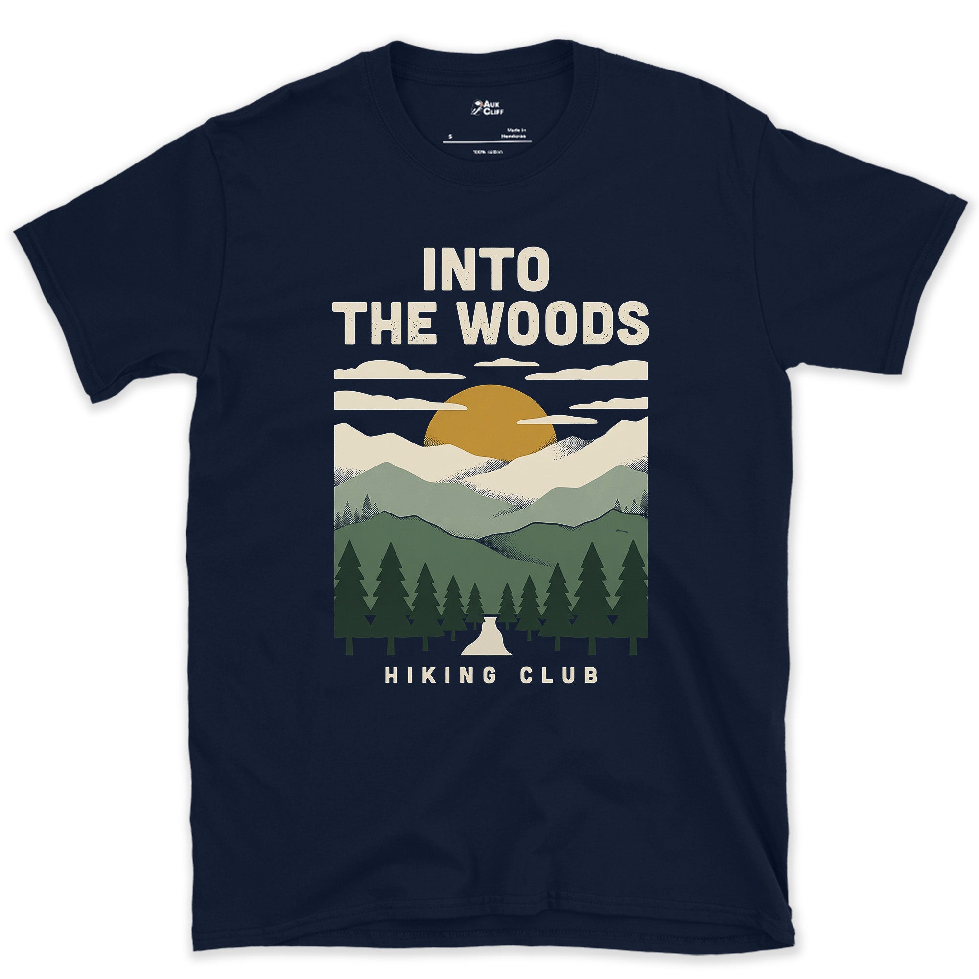 Into the Woods, Hiking Club design on a Navy Gildan Softstyle t-shirt