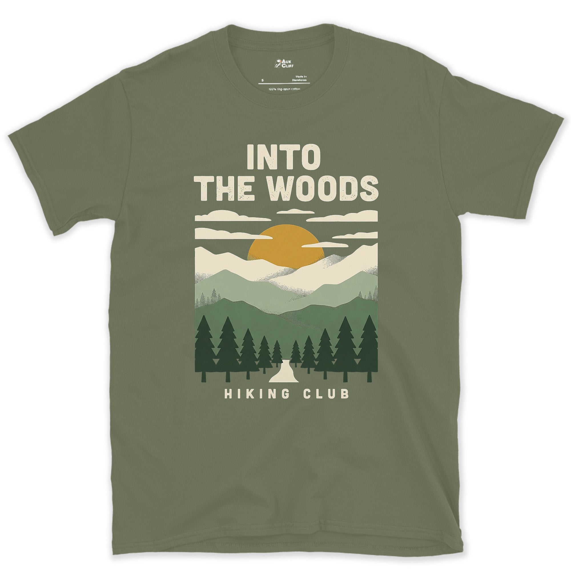 Into the Woods, Hiking Club design on a Military Green Gildan Softstyle t-shirt
