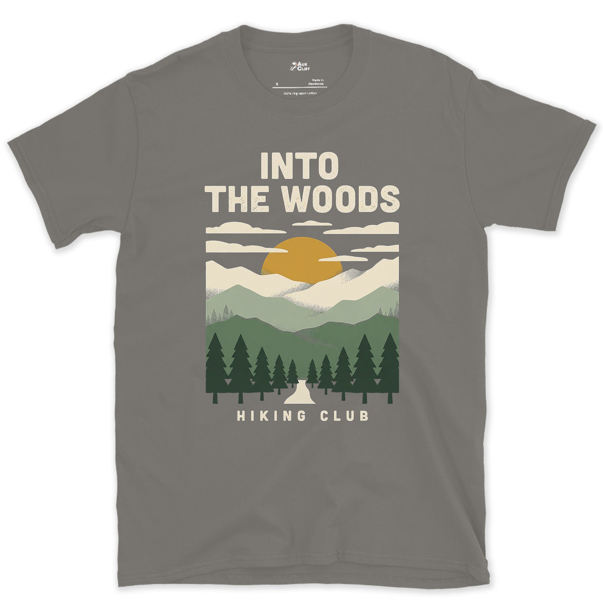 Into the Woods, Hiking Club design on a Charcoal Gildan Softstyle t-shirt