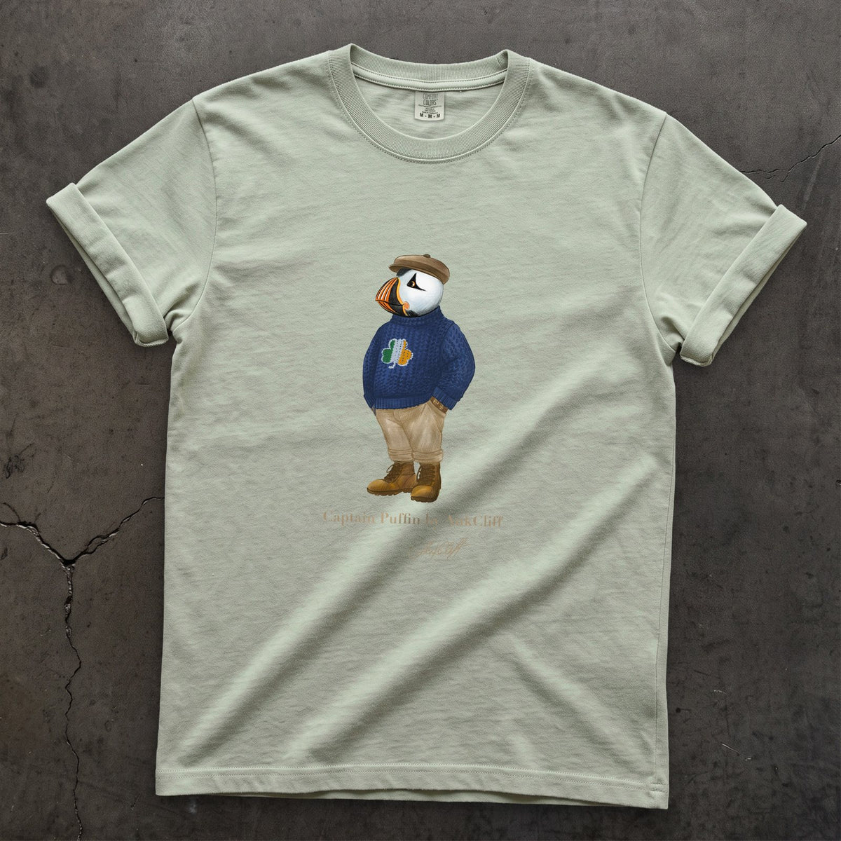 Captain Puffin Irish Trailkeeper on a Bay Comfort Colors t-shirt