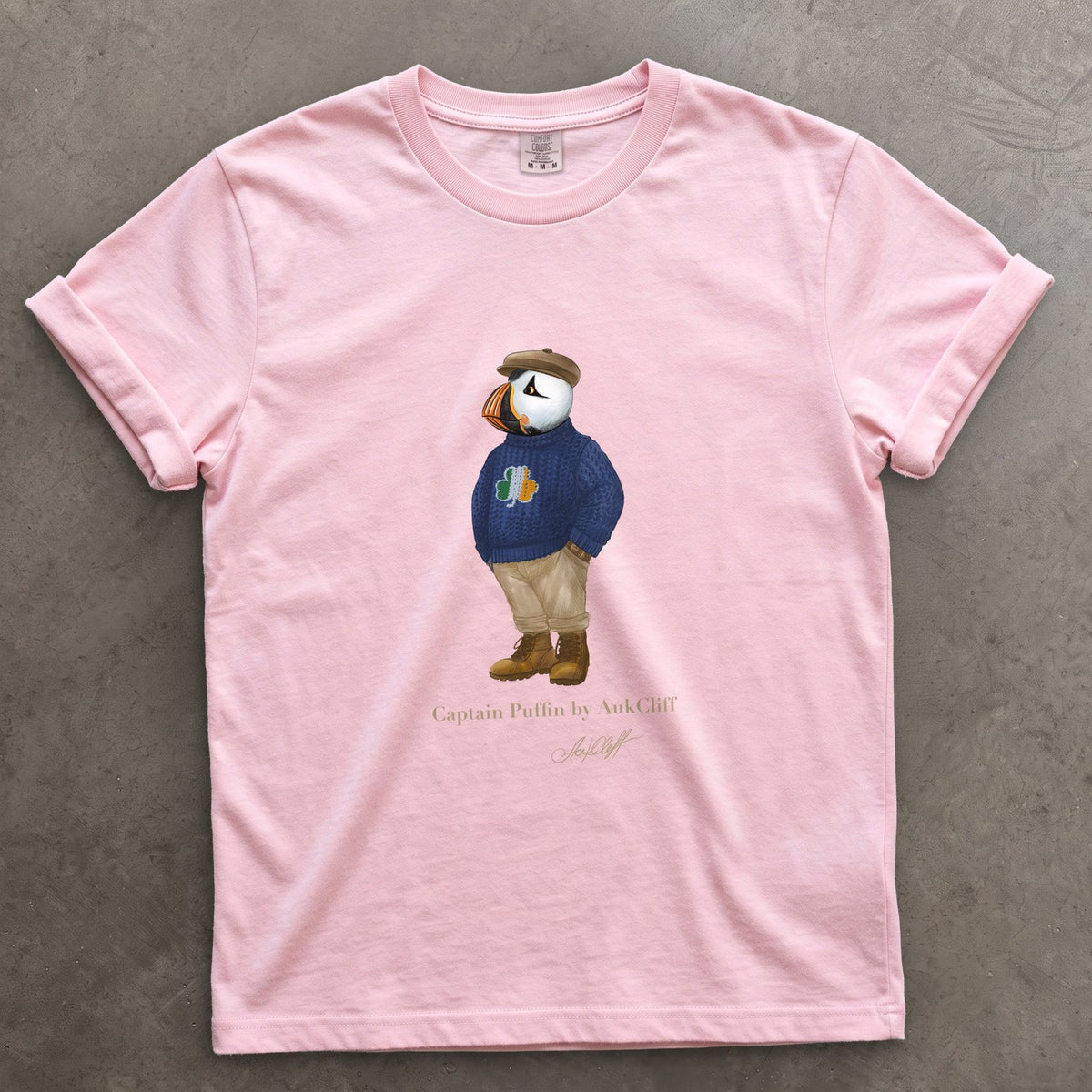 Captain Puffin Irish Trailkeeper on a Blossom Comfort Colors t-shirt