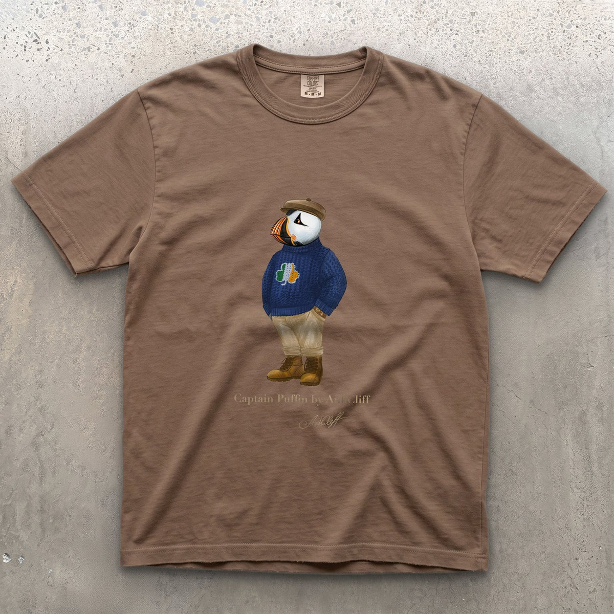 Captain Puffin Irish Trailkeeper on a Espresso Comfort Colors t-shirt