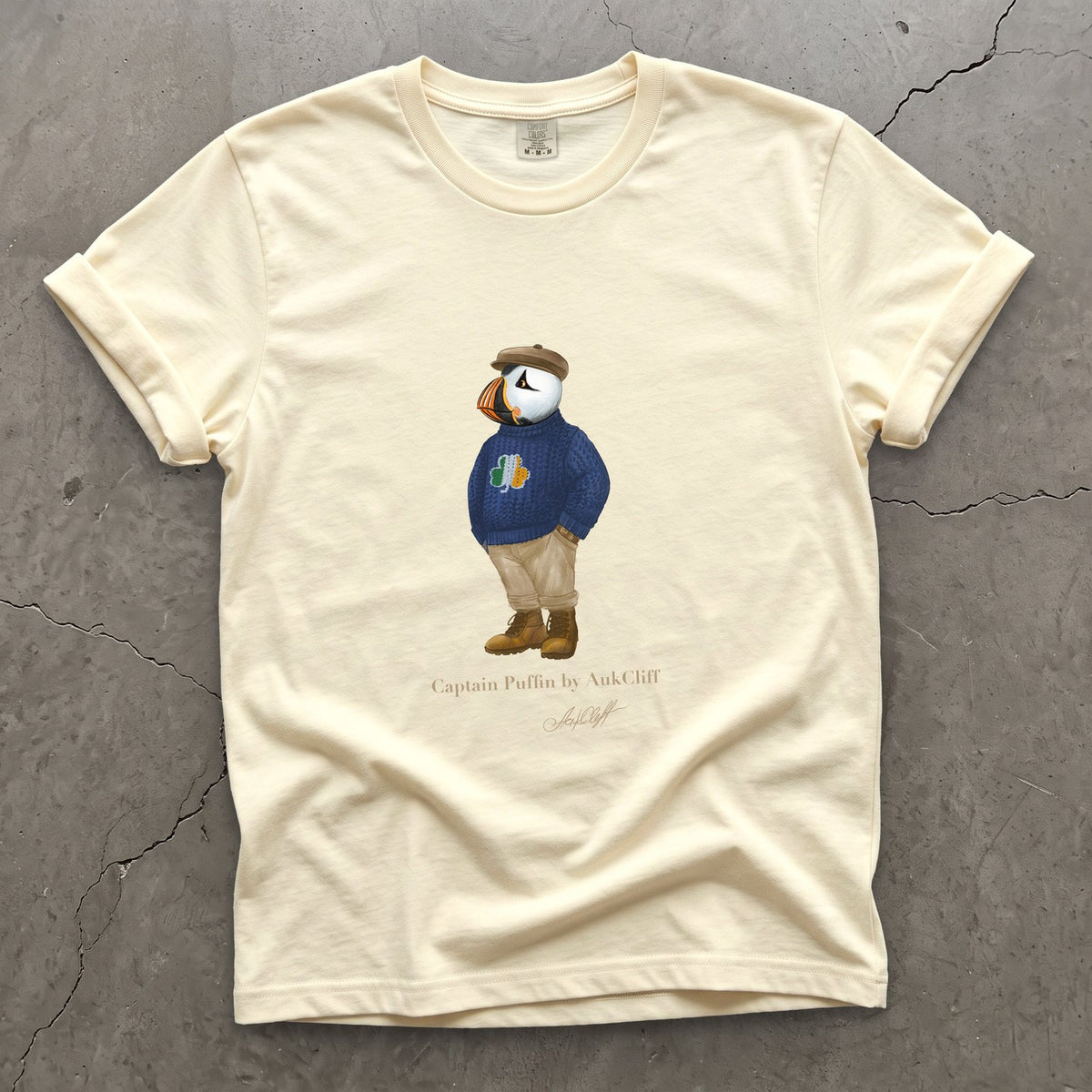 Captain Puffin Irish Trailkeeper on a Ivory Comfort Colors t-shirt