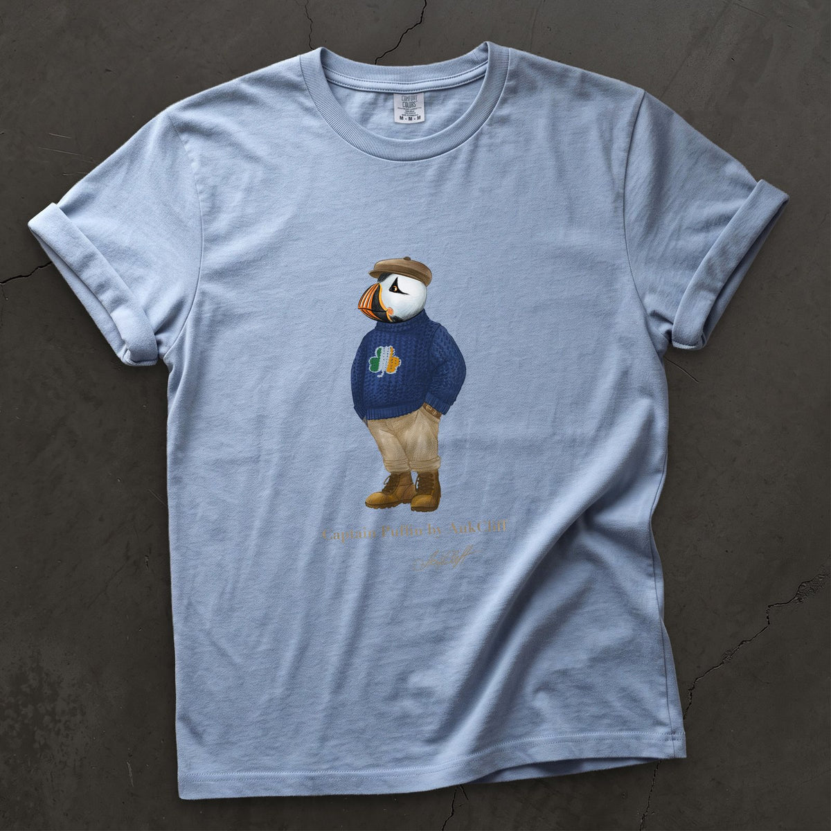 Captain Puffin Irish Trailkeeper on a Washed Denim Comfort Colors t-shirt