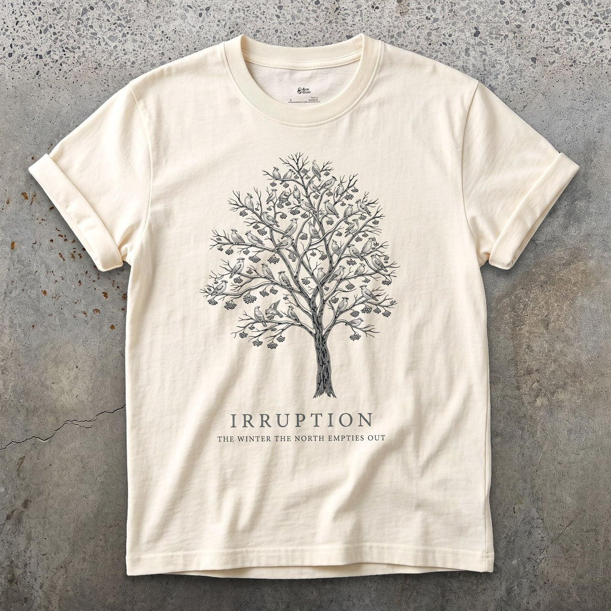 Irruption, the Winter the North Empties Out design on a Natural Gildan Softstyle t-shirt