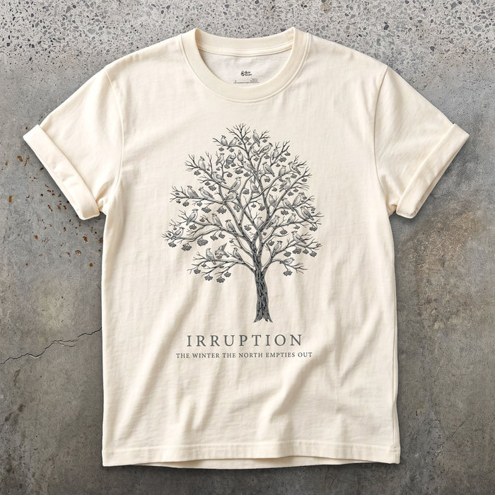Irruption, the Winter the North Empties Out design on a Natural Gildan Softstyle t-shirt