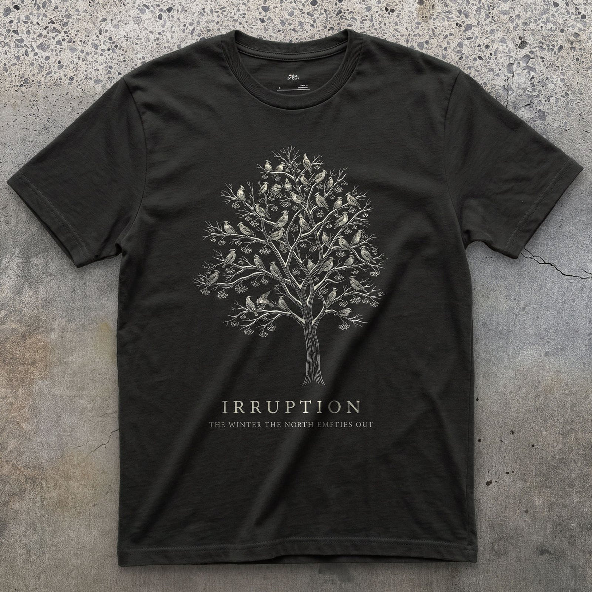 Irruption, the Winter the North Empties Out design on a Black Gildan Softstyle t-shirt