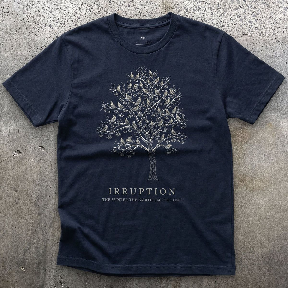 Irruption, the Winter the North Empties Out design on a Navy Gildan Softstyle t-shirt