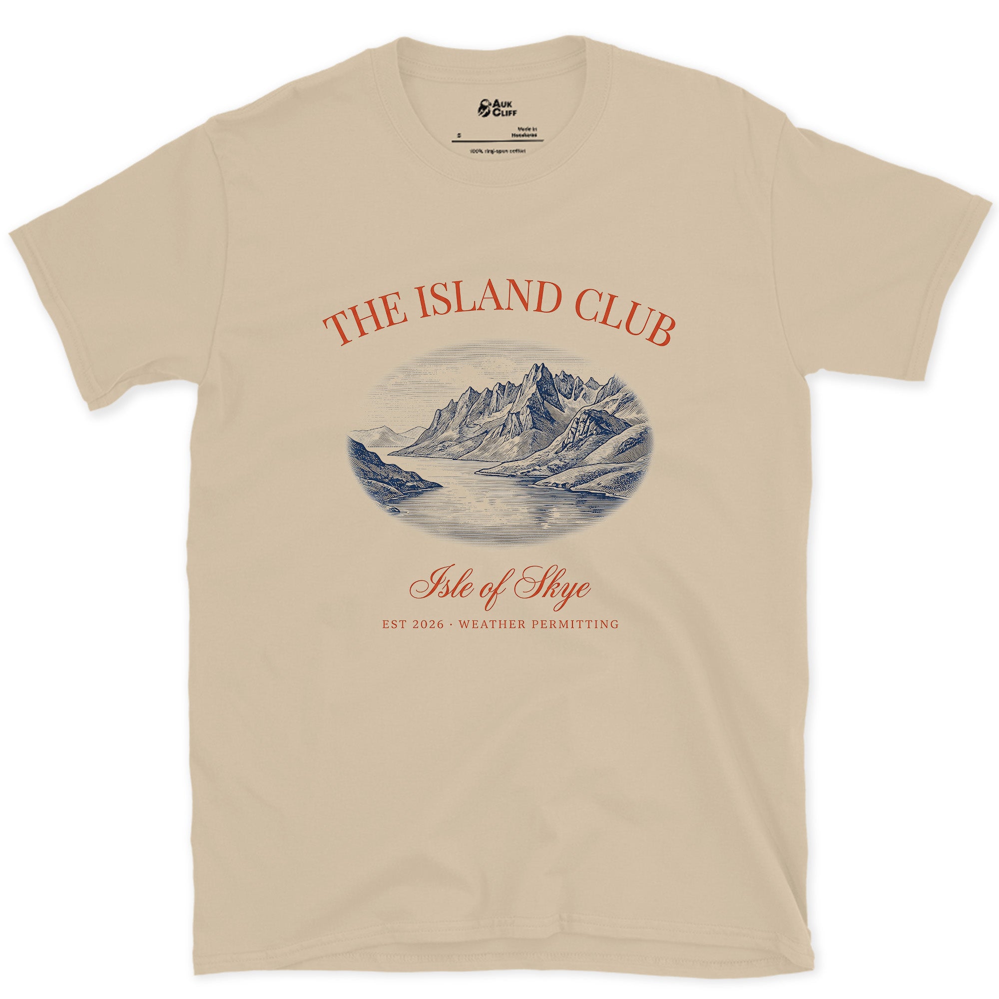 Weather Permitting, Isle of Skye design on a Sand Gildan Softstyle t-shirt