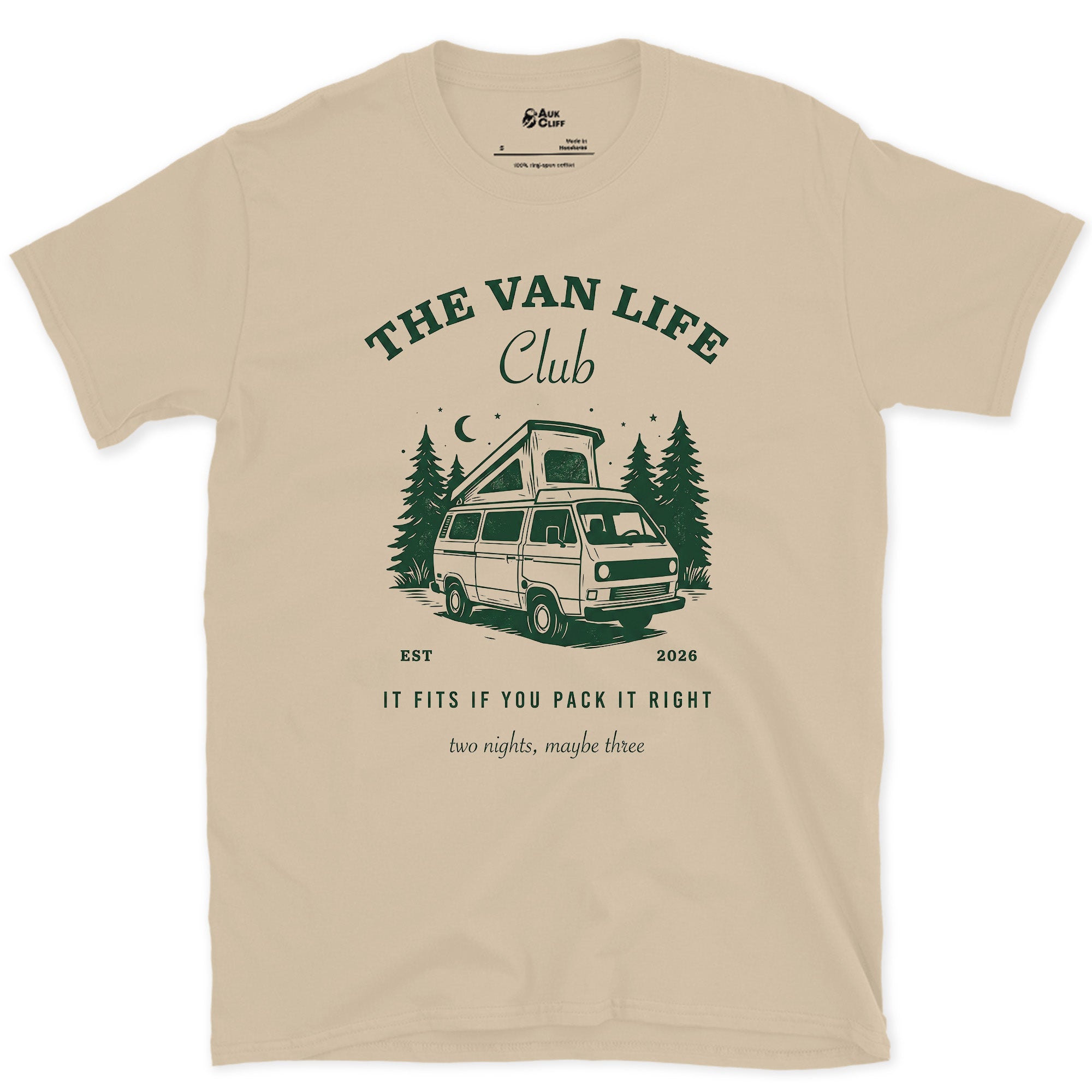 It Fits If You Pack It Right, Van Life design on a Sand Gildan Softstyle t-shirt