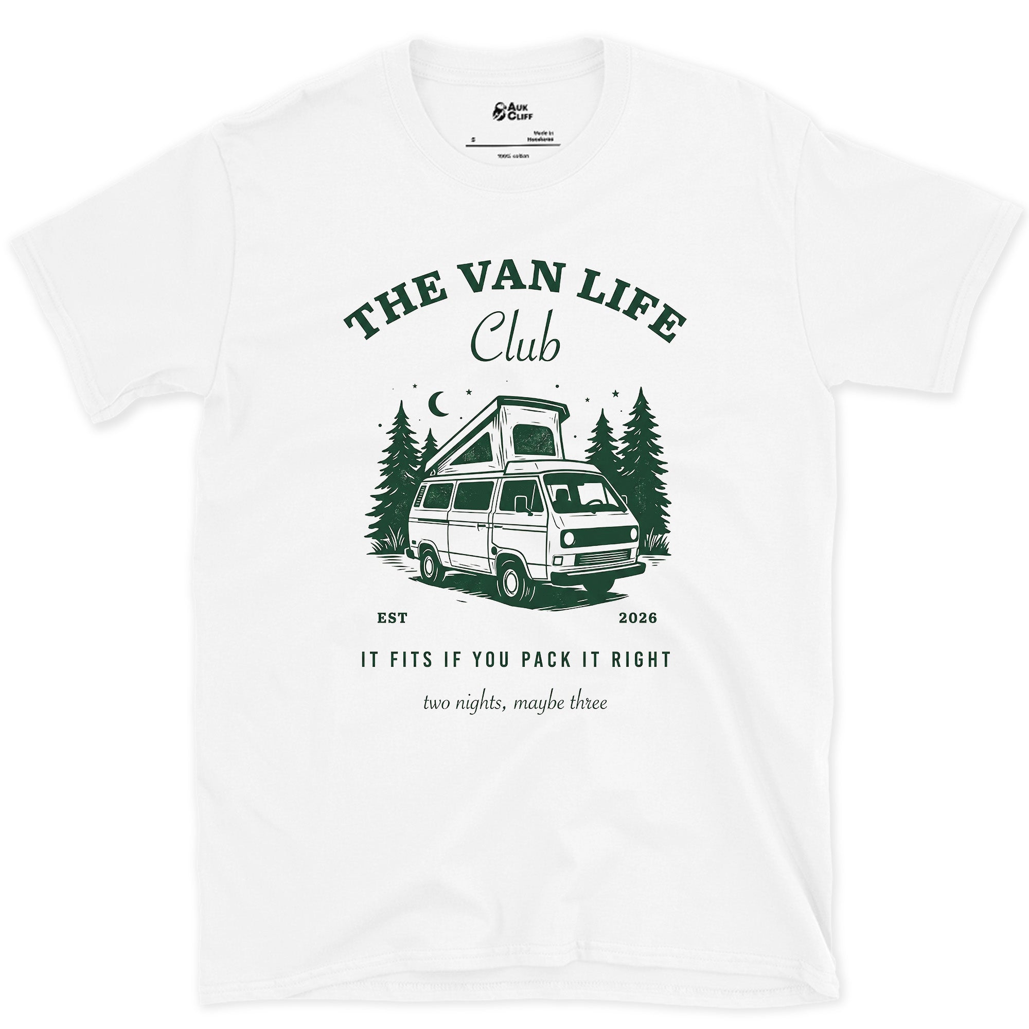 It Fits If You Pack It Right, Van Life design on a White Gildan Softstyle t-shirt