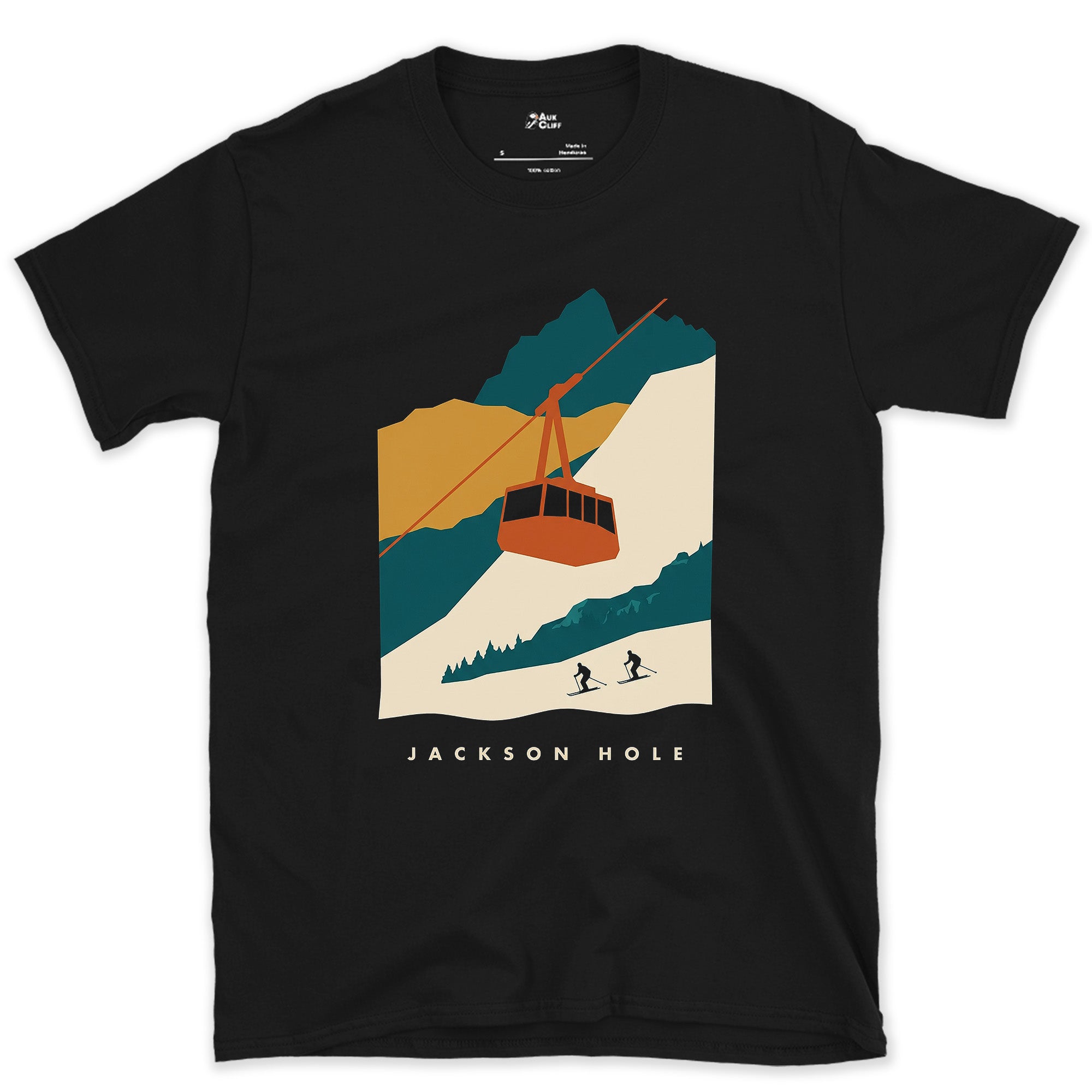 Jackson Hole, Tram Above the Piste design on a Black Gildan Softstyle t-shirt