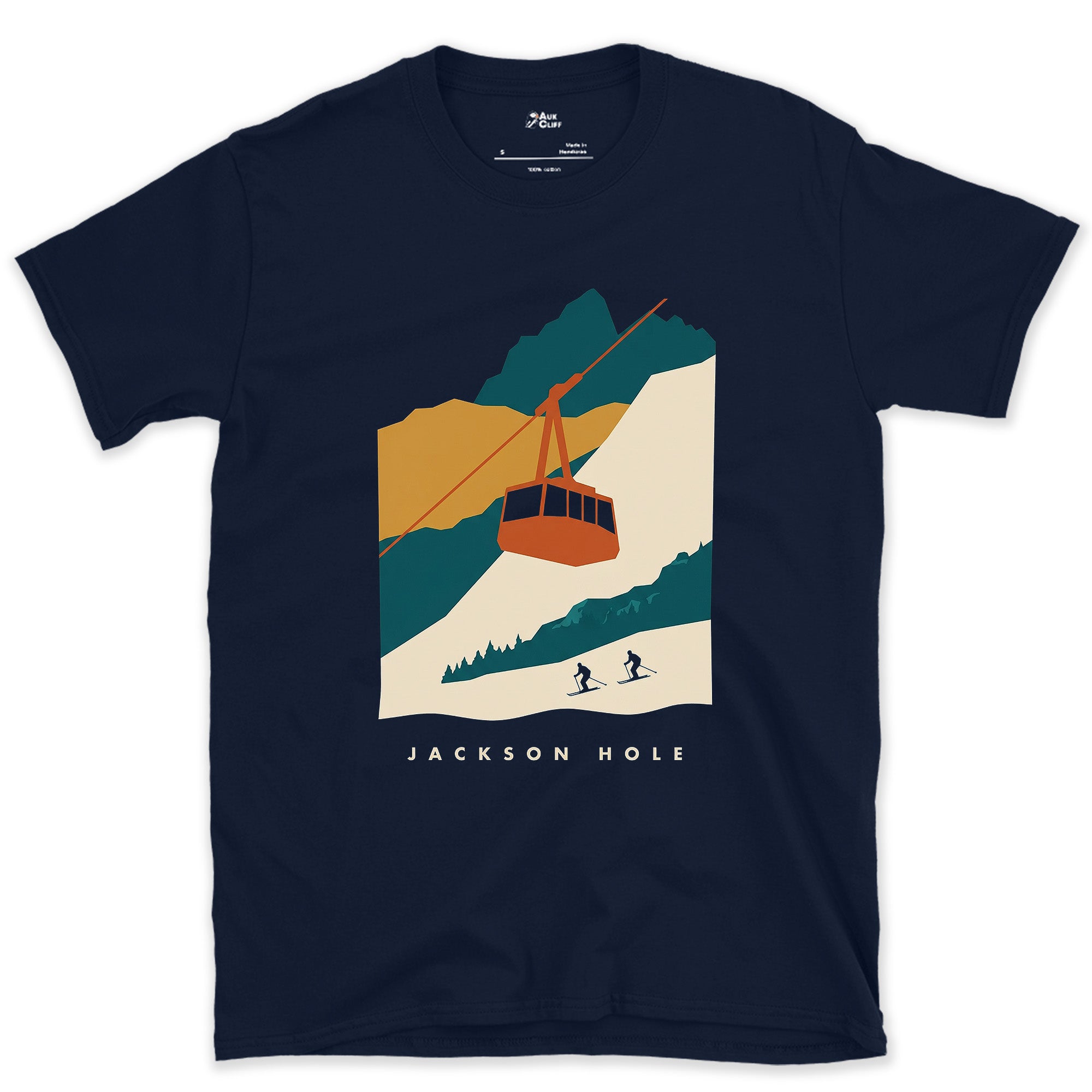 Jackson Hole, Tram Above the Piste design on a Navy Gildan Softstyle t-shirt