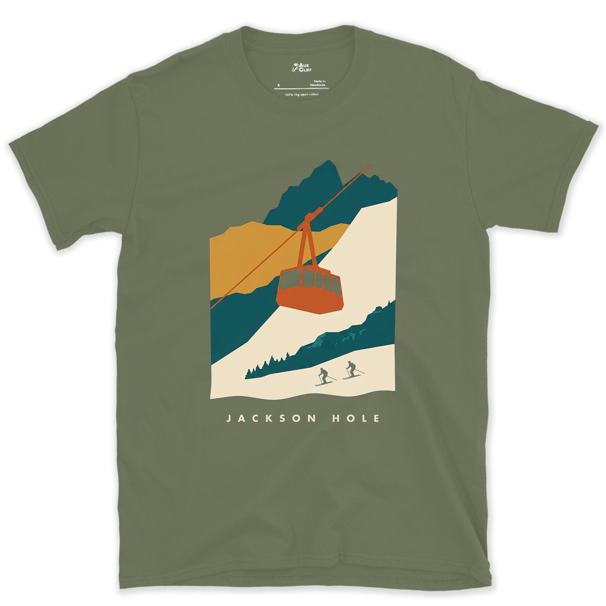 Jackson Hole, Tram Above the Piste design on a Military Green Gildan Softstyle t-shirt