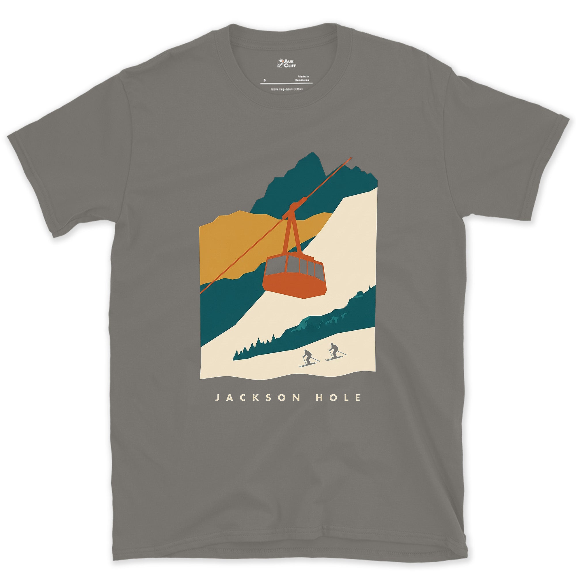 Jackson Hole, Tram Above the Piste design on a Charcoal Gildan Softstyle t-shirt