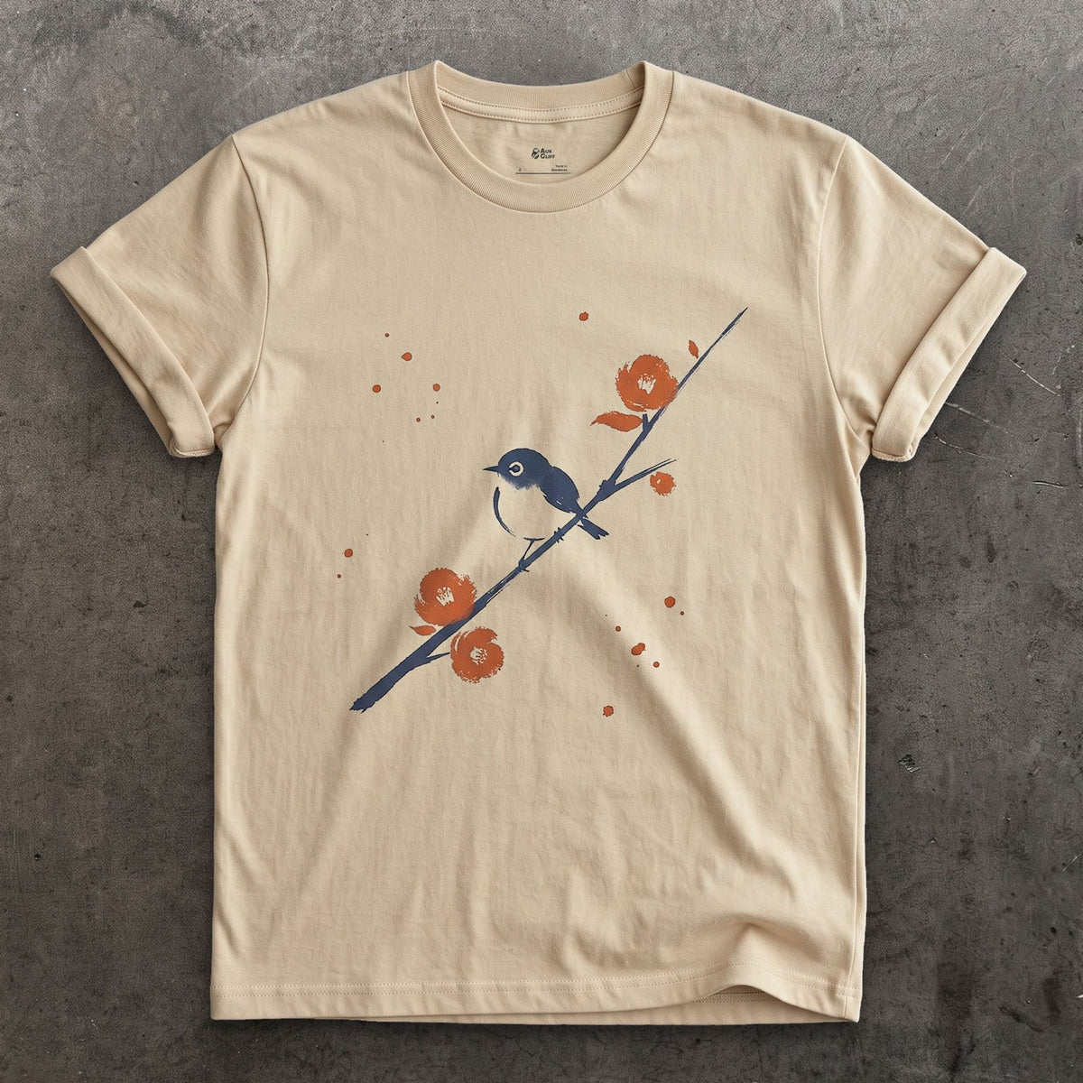 Japanese White-Eye on Camellia design on a Sand Gildan Softstyle t-shirt