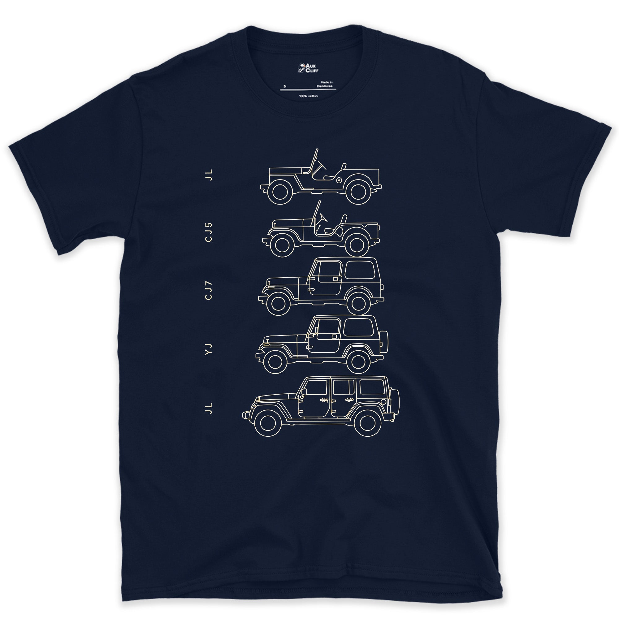 Jeep, Four Chassis Codes in a Row design on a Navy Gildan Softstyle t-shirt