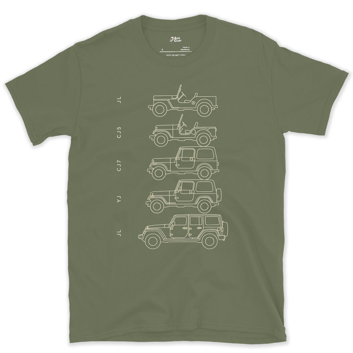 Jeep, Four Chassis Codes in a Row design on a Military Green Gildan Softstyle t-shirt