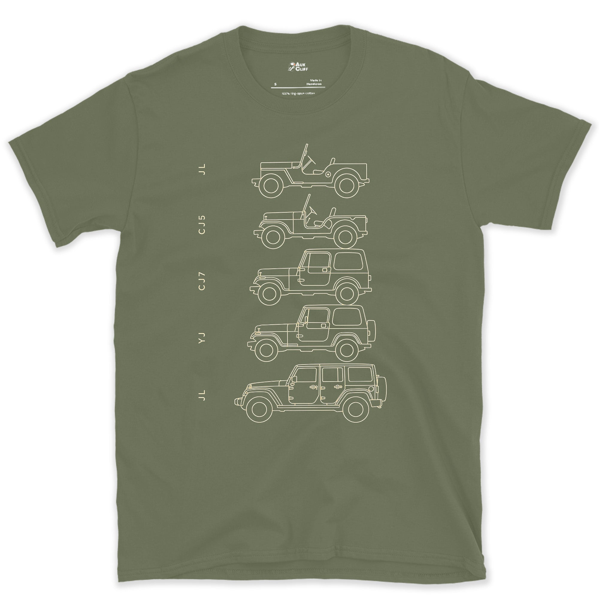 Jeep, Four Chassis Codes in a Row design on a Military Green Gildan Softstyle t-shirt