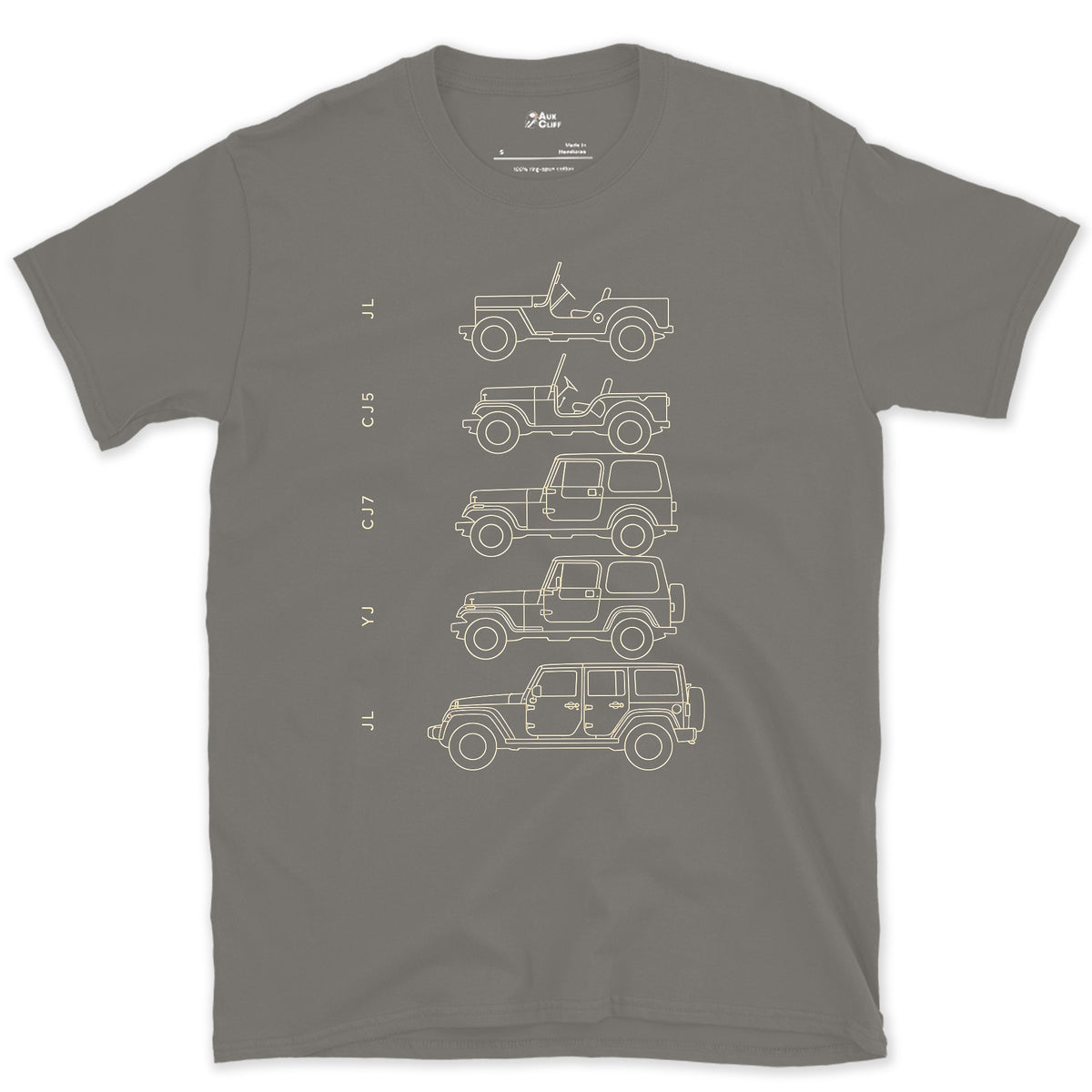 Jeep, Four Chassis Codes in a Row design on a Charcoal Gildan Softstyle t-shirt