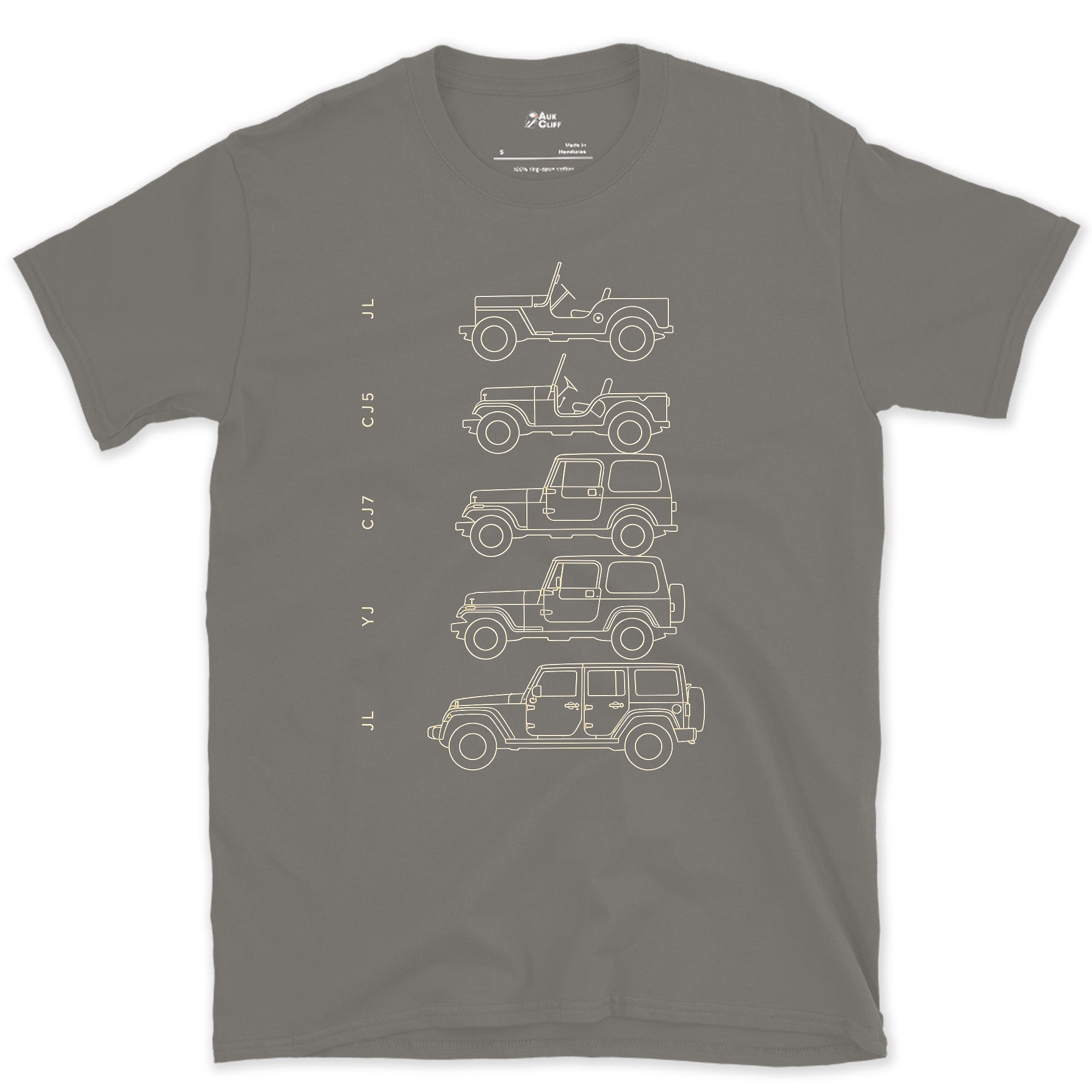 Jeep, Four Chassis Codes in a Row design on a Charcoal Gildan Softstyle t-shirt