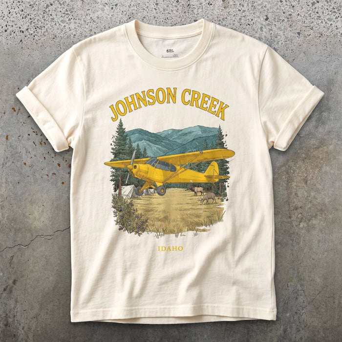 Johnson Creek Bush Plane design on a Natural Gildan Softstyle t-shirt