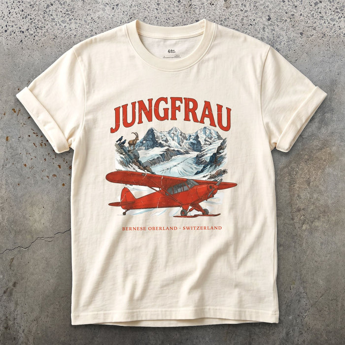 Jungfrau Bush Plane design on a Natural Gildan Softstyle t-shirt