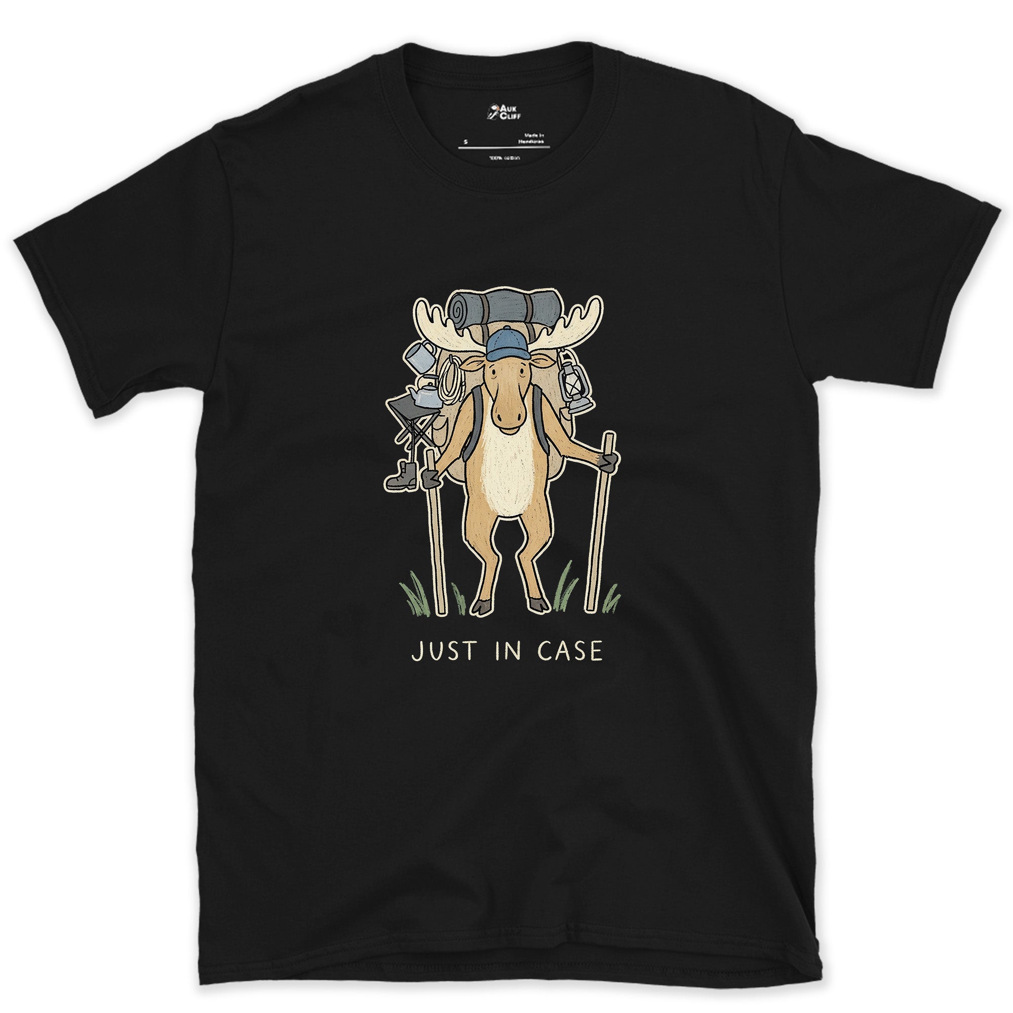 Just in Case, Moose Hiker design on a Black Gildan Softstyle t-shirt