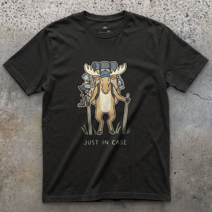 Just in Case, Moose Hiker design on a Black Gildan Softstyle t-shirt