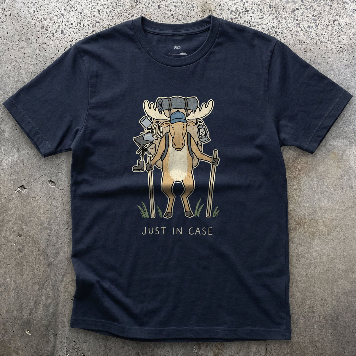Just in Case, Moose Hiker design on a Navy Gildan Softstyle t-shirt