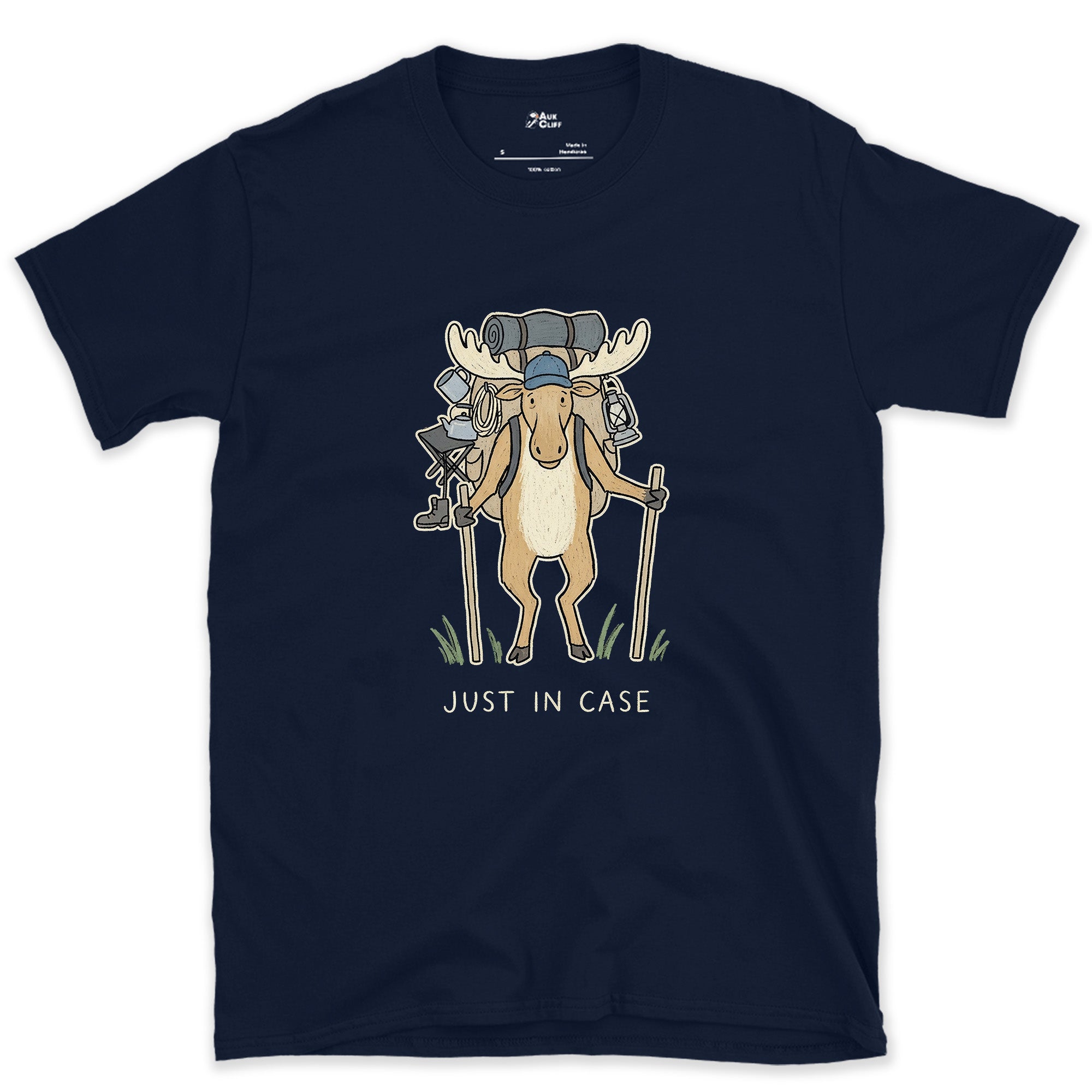 Just in Case, Moose Hiker design on a Navy Gildan Softstyle t-shirt