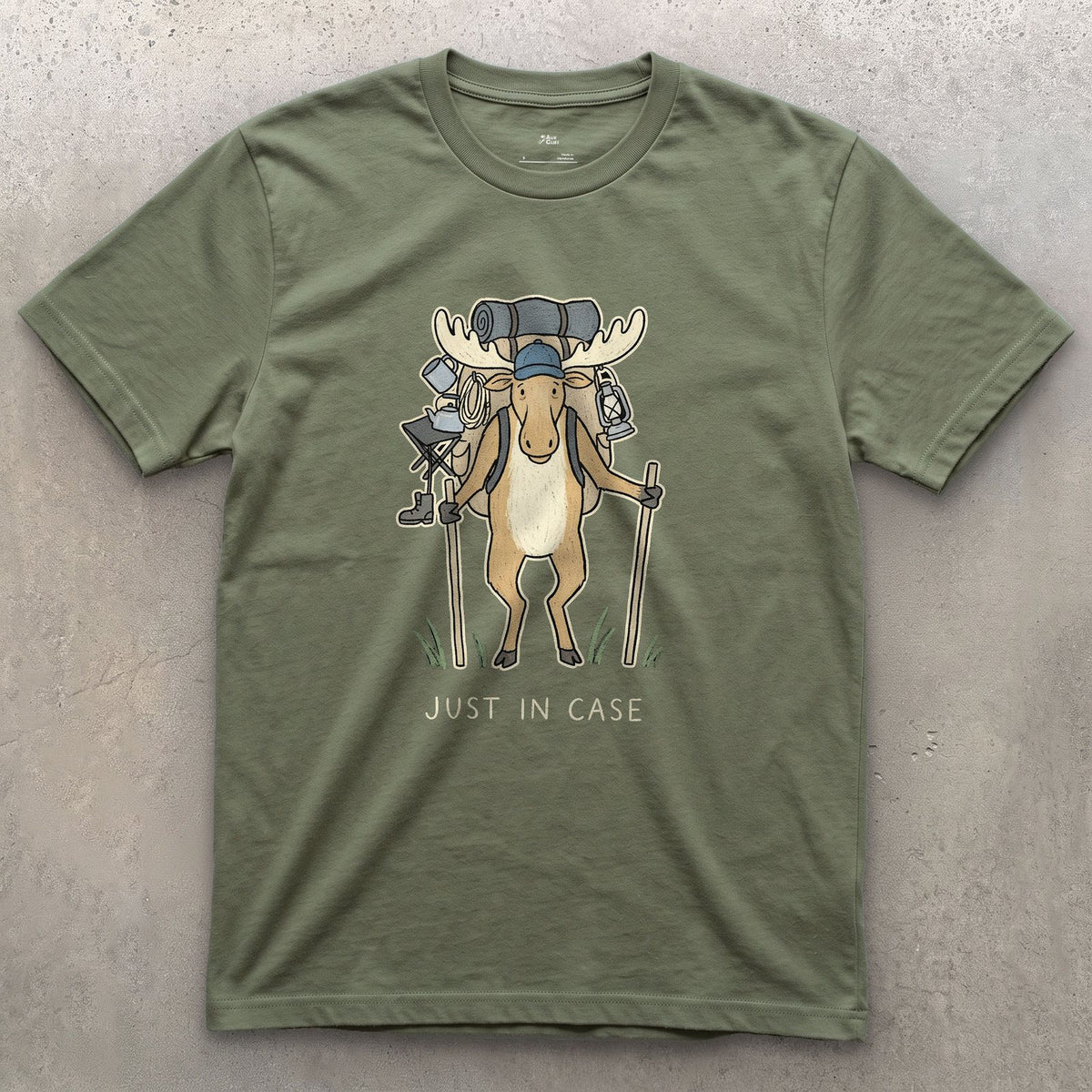 Just in Case, Moose Hiker design on a Military Green Gildan Softstyle t-shirt