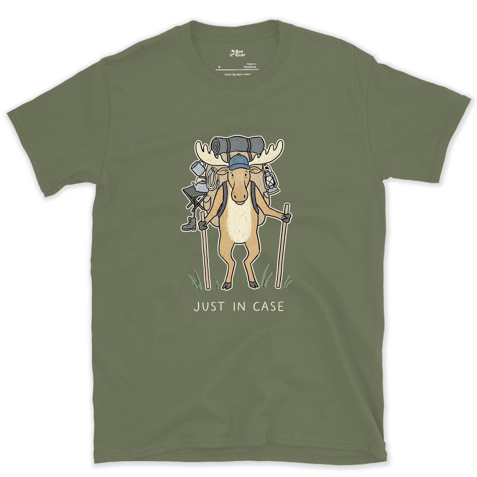 Just in Case, Moose Hiker design on a Military Green Gildan Softstyle t-shirt