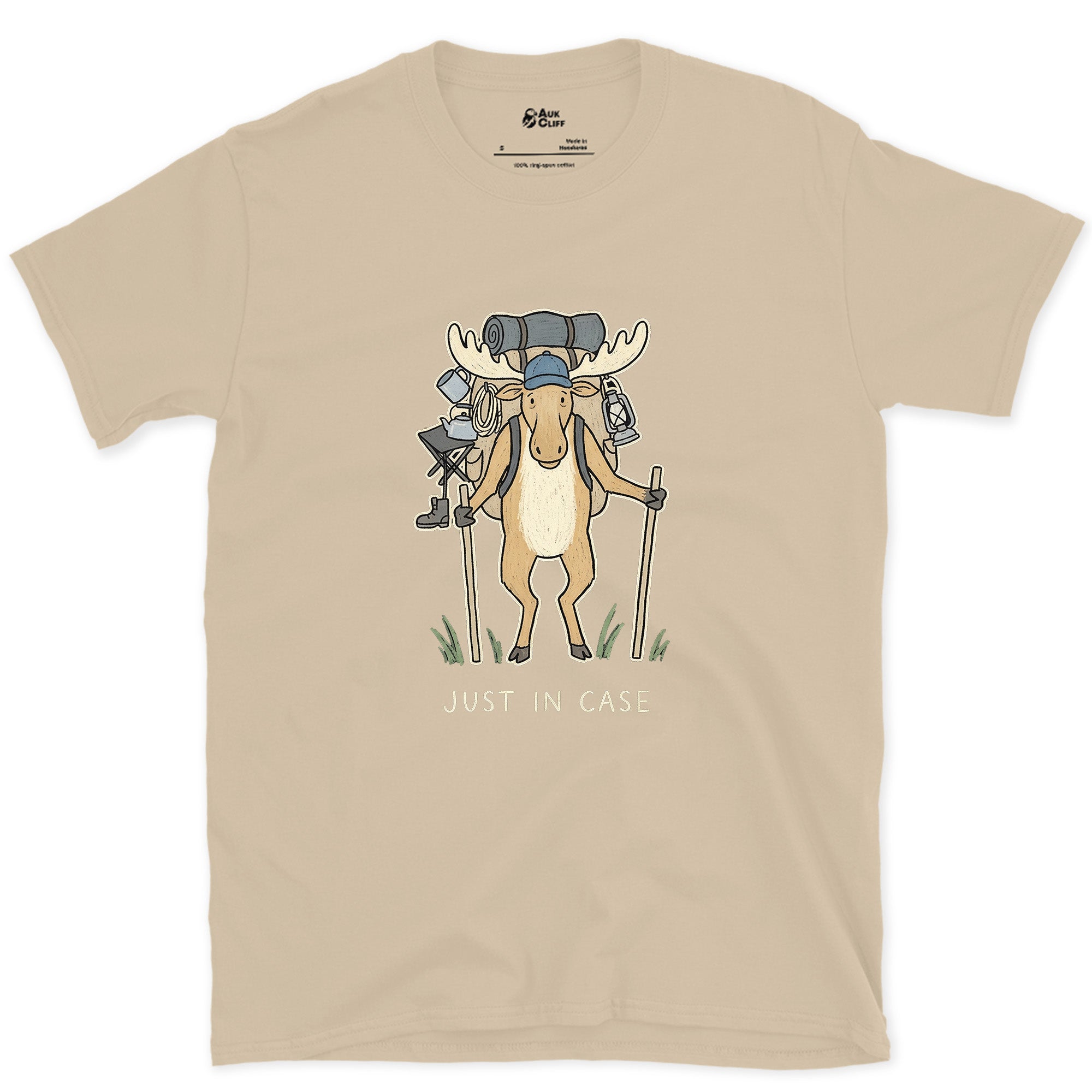 Just in Case, Moose Hiker design on a Sand Gildan Softstyle t-shirt