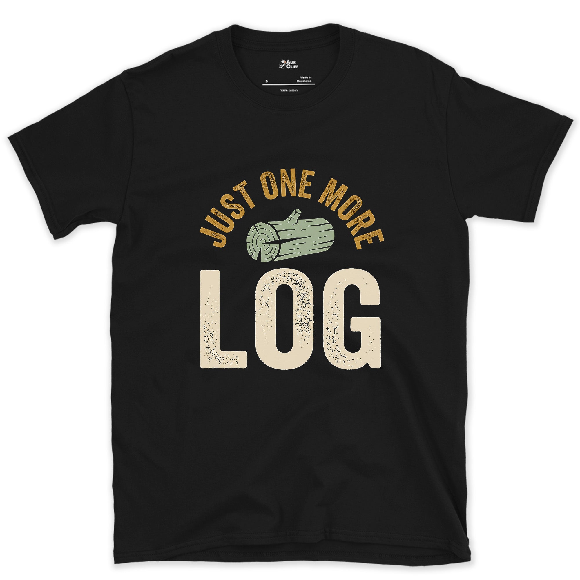 Just One More Log, Firewood Badge design on a Black Gildan Softstyle t-shirt