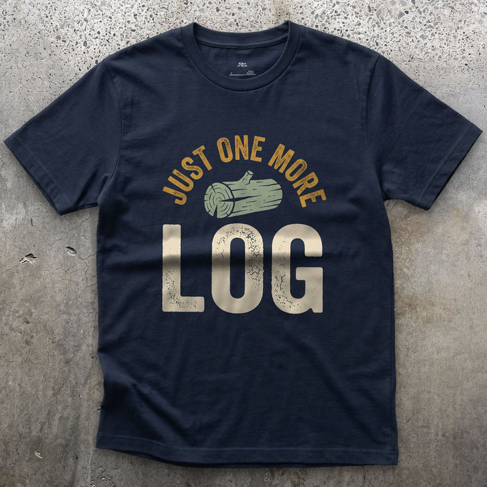 Just One More Log, Firewood Badge design on a Navy Gildan Softstyle t-shirt