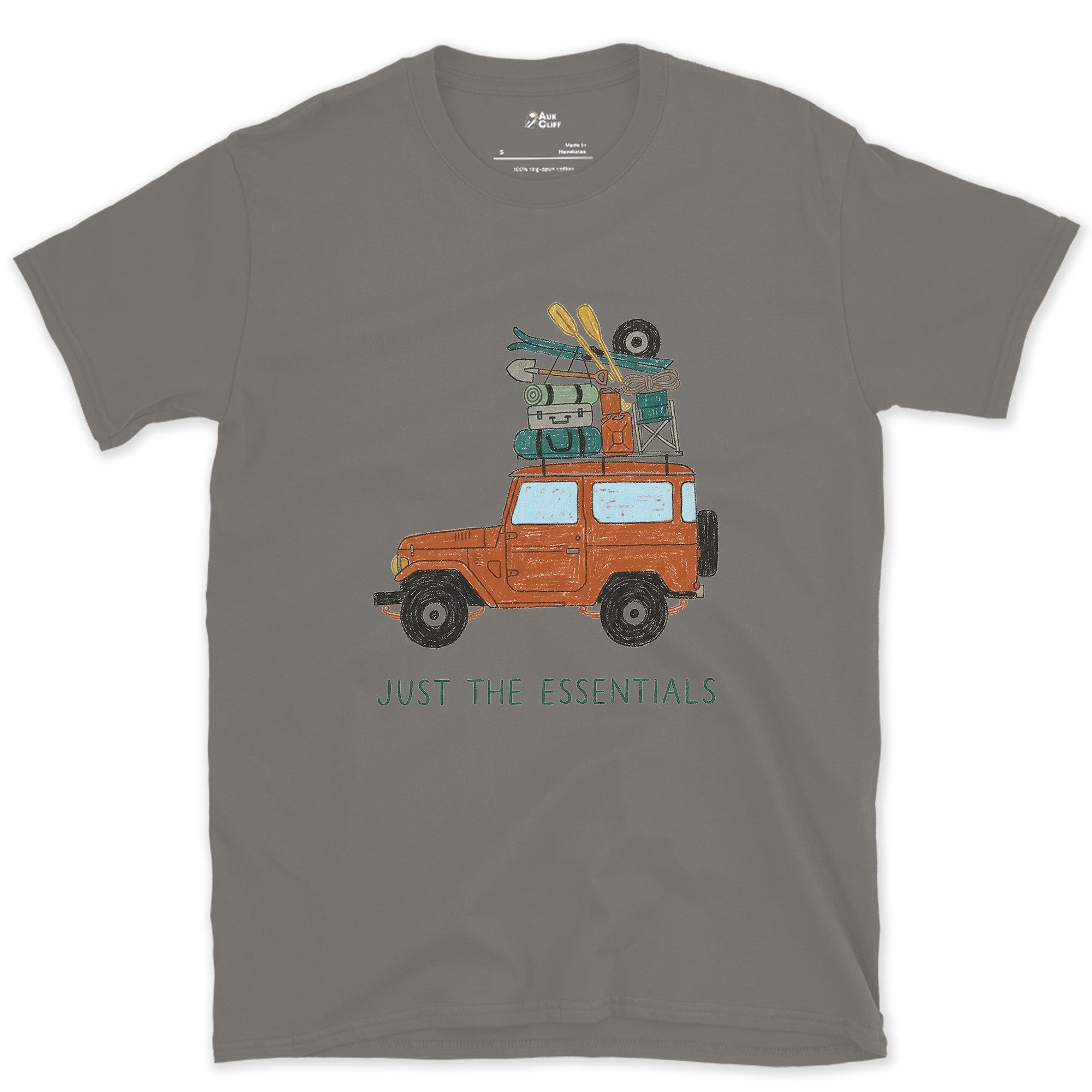 Just the Essentials, 4x4, Skis and a Cooler design on a Charcoal Gildan Softstyle t-shirt