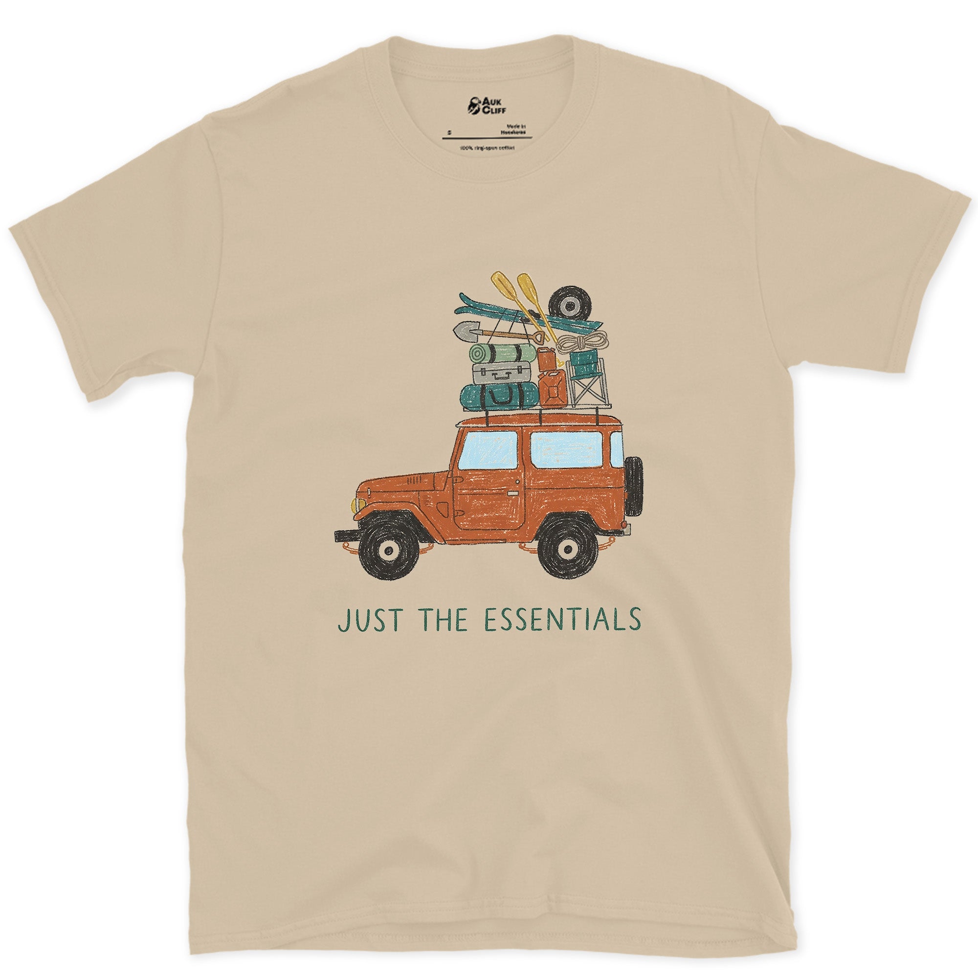 Just the Essentials, 4x4, Skis and a Cooler design on a Sand Gildan Softstyle t-shirt