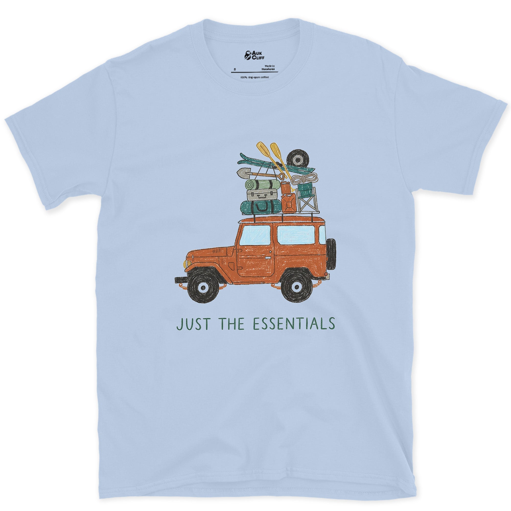 Just the Essentials, 4x4, Skis and a Cooler design on a Light Blue Gildan Softstyle t-shirt