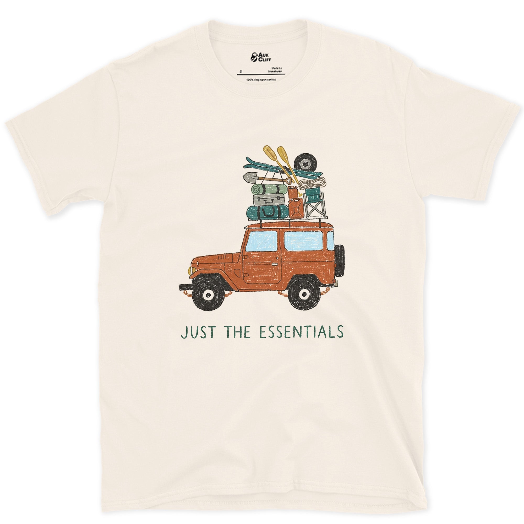 Just the Essentials, 4x4, Skis and a Cooler design on a Natural Gildan Softstyle t-shirt