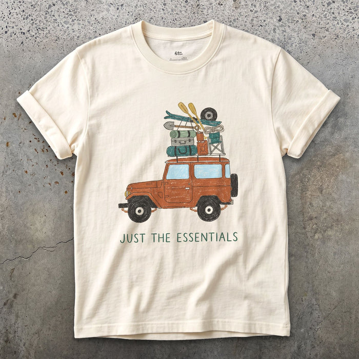 Just the Essentials, 4x4, Skis and a Cooler design on a Natural Gildan Softstyle t-shirt